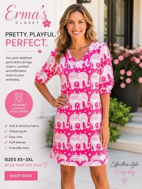 Erma's Closet Pink Elephant Print V-Neck Dress